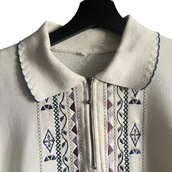 Vintage Embroidered Pullover Sweatshirt Women’s Medium Cottagecore Zip Collar - Picture 3 of 4